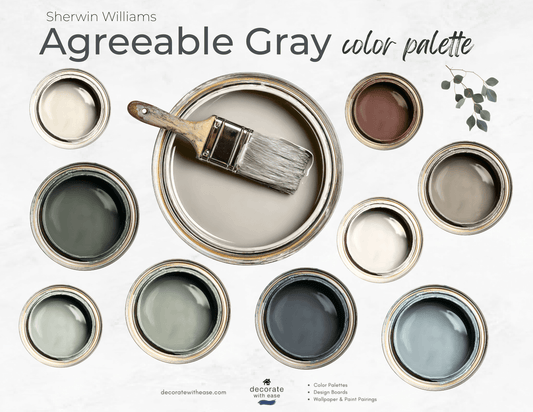 Collection of paint samples and a brush with Sherwin Williams Agreeable Gray color palette on a white background.
