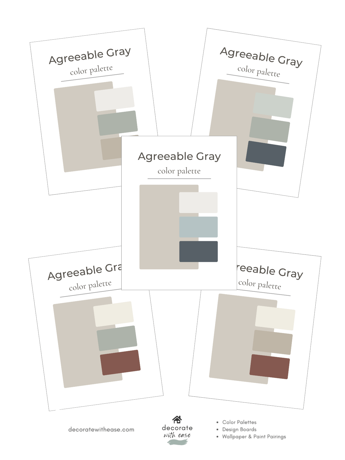 Set of Agreeable Gray color swatch cards on a white background