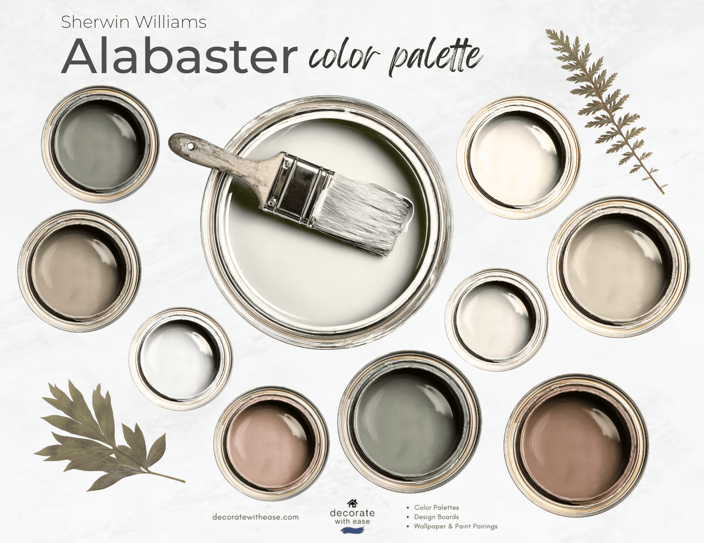 Sherwin Williams Alabaster paint color palette with soft earthy colors