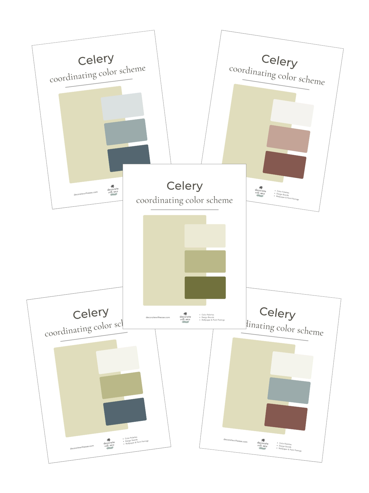 Five printed color scheme cards titled 'Celery coordinating color scheme' arranged on a white background. Each card shows a palette of muted neutral and earthy tones, including beige, gray, blue-gray, olive green, cream, blush, and brown.