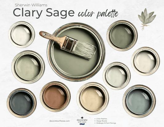 Sherwin Williams Clary Sage color palette with paint cans and a brush.