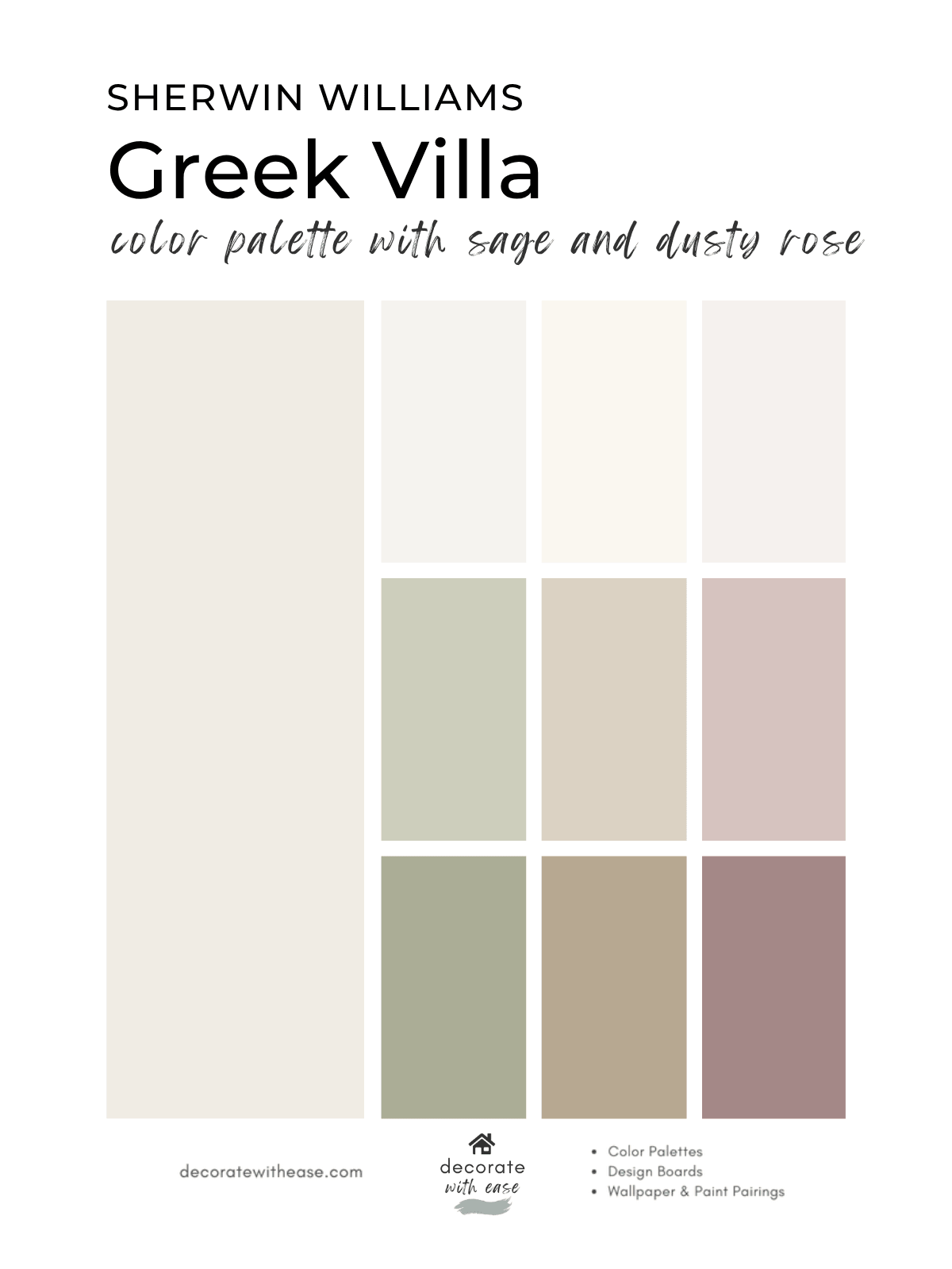 Sherwin Williams Greek Villa color palette with sage and dusty rose on a white background