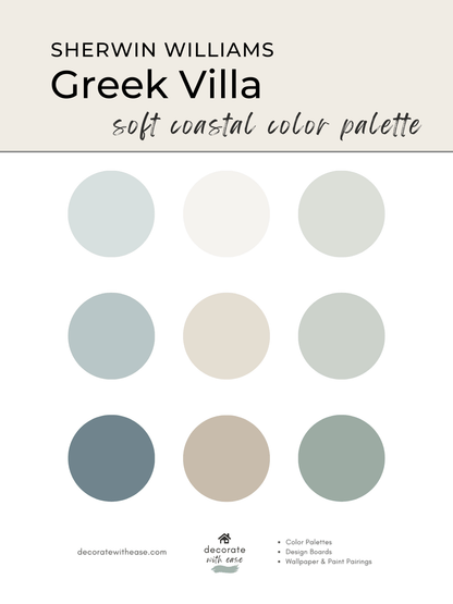 Sherwin Williams Greek Villa soft coastal color palette with nine circular color samples.
