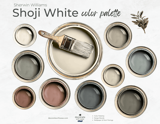 Sherwin Williams Shoji White color palette with paint cans and a brush.