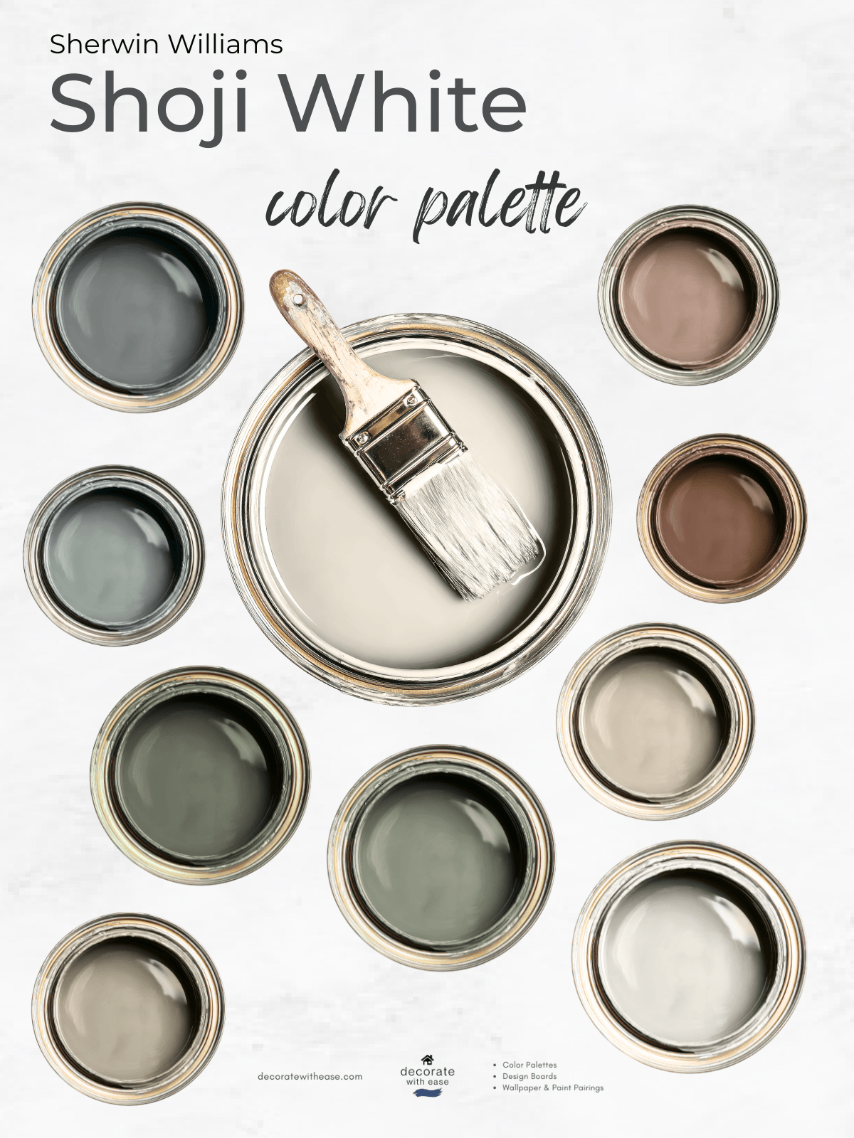 Sherwin Williams Shoji White color palette with paint samples and a brush.