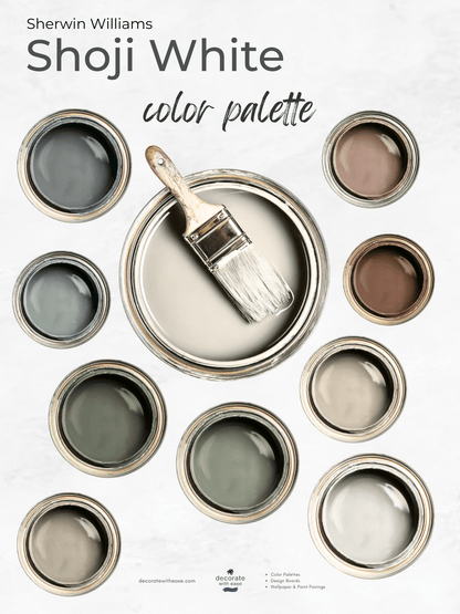 Sherwin Williams Shoji White color palette with paint samples and a brush.
