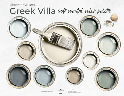 Sherwin Williams Greek Villa soft coastal color palette with paint samples and a brush.