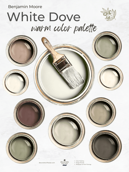 Benjamin Moore White Dove warm color palette with paint samples and a brush.