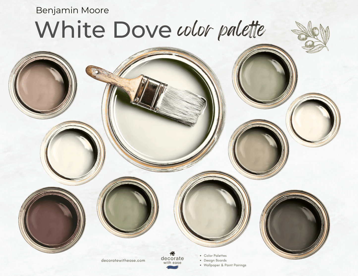 Benjamin Moore White Dove color palette with paint samples and a brush.