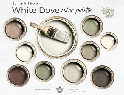 Benjamin Moore White Dove color palette with paint samples and a brush.