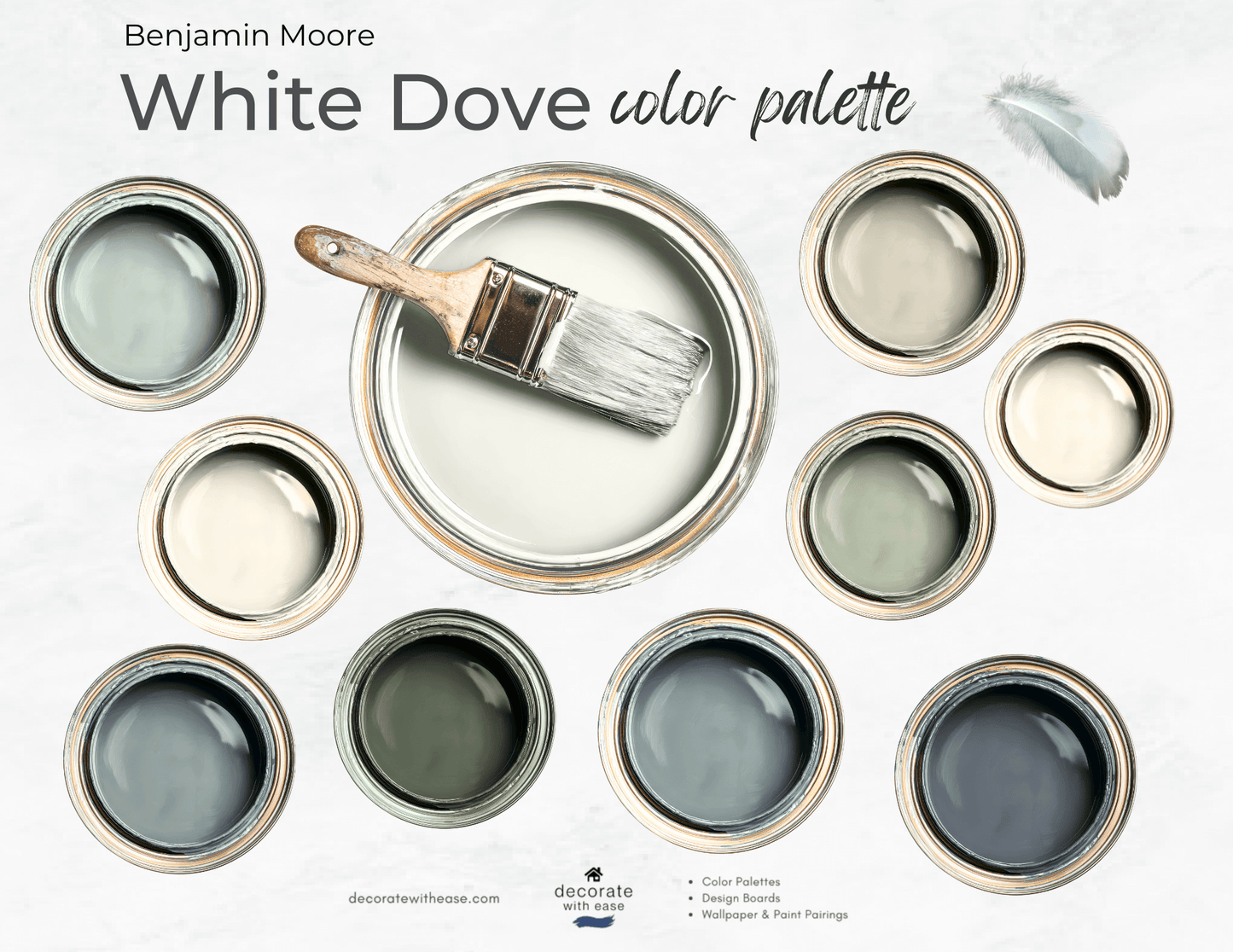 Benjamin Moore White Dove color palette with paint samples and a brush.