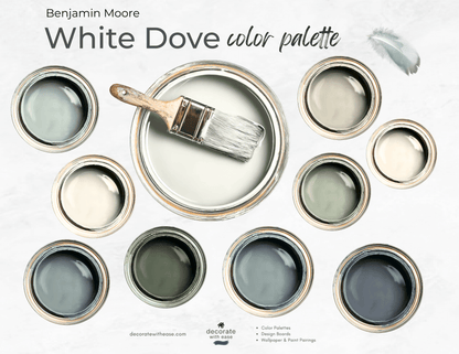 Benjamin Moore White Dove color palette with paint samples and a brush.