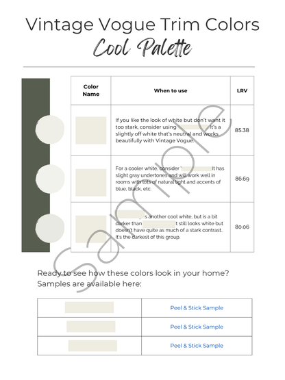 trim color swatches and information on a white background