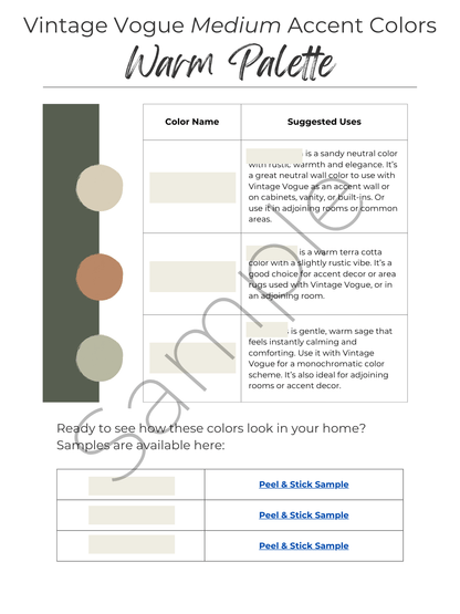 Vintage Vogue color swatch with warm palette colors and suggested uses.