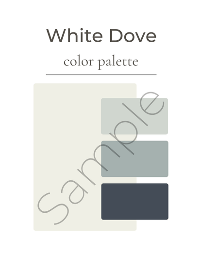 White Dove color palette sample with  blue-gray gray, and navy.